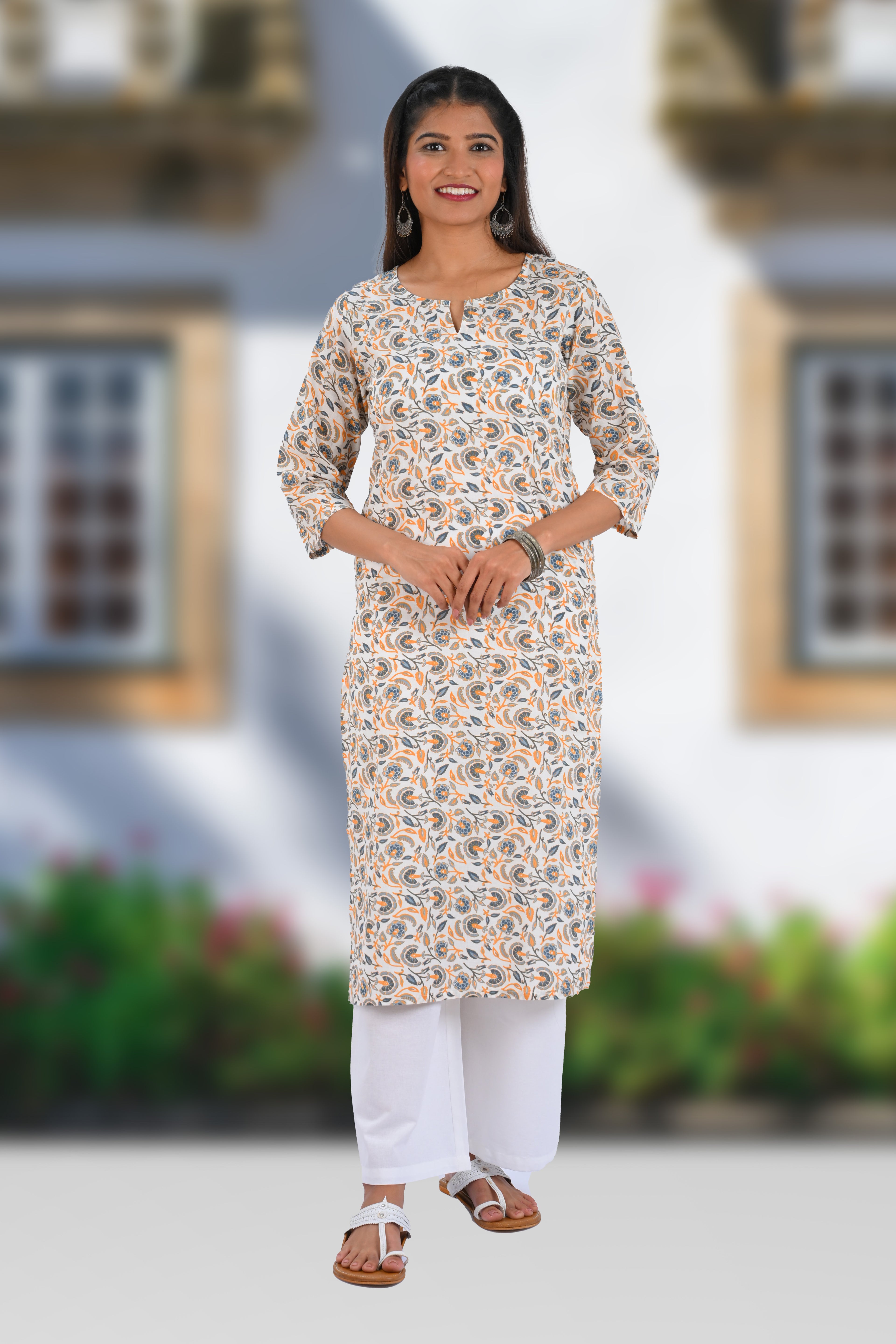 White Cotton Printed Long Kurta