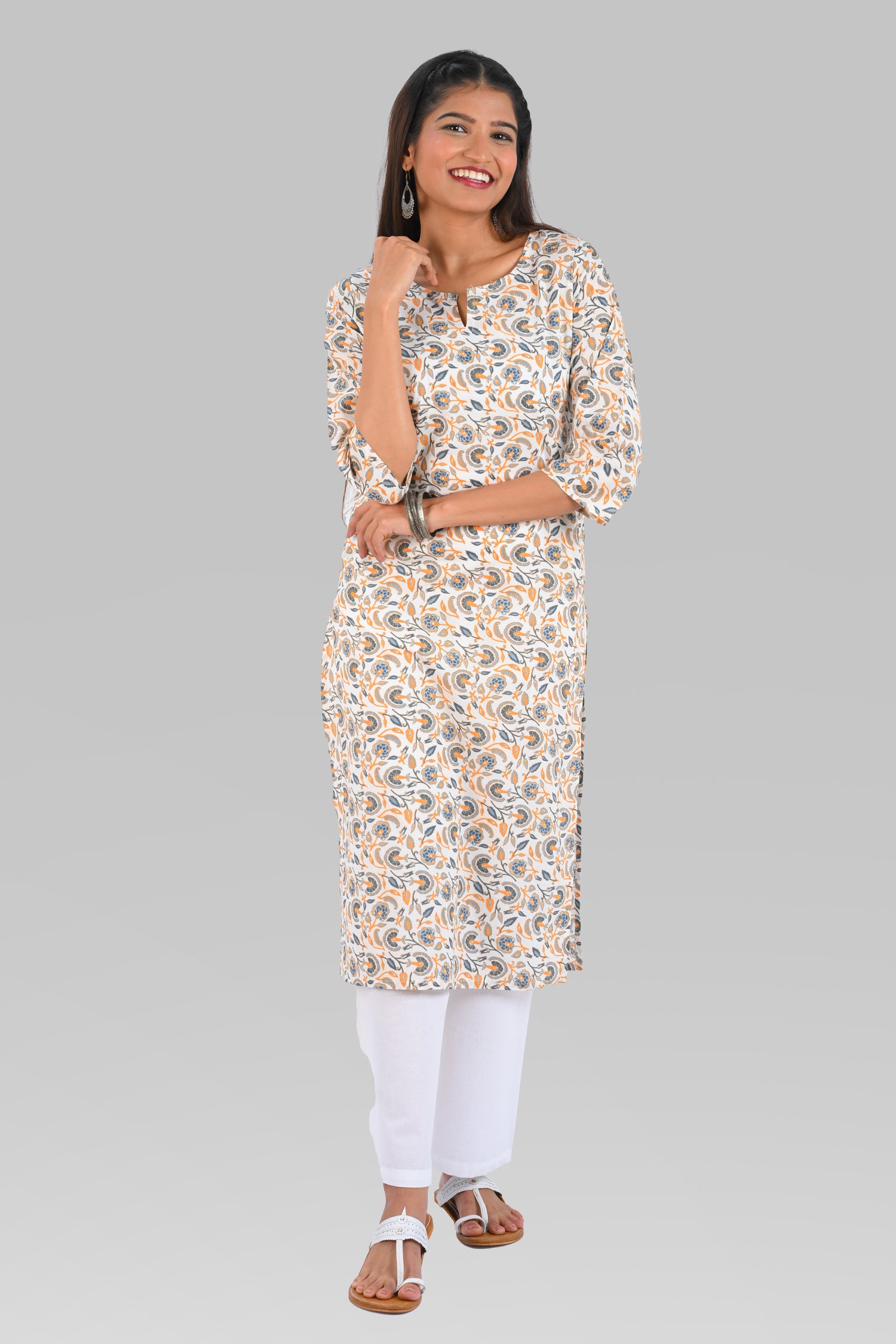 White Cotton Printed Long Kurta