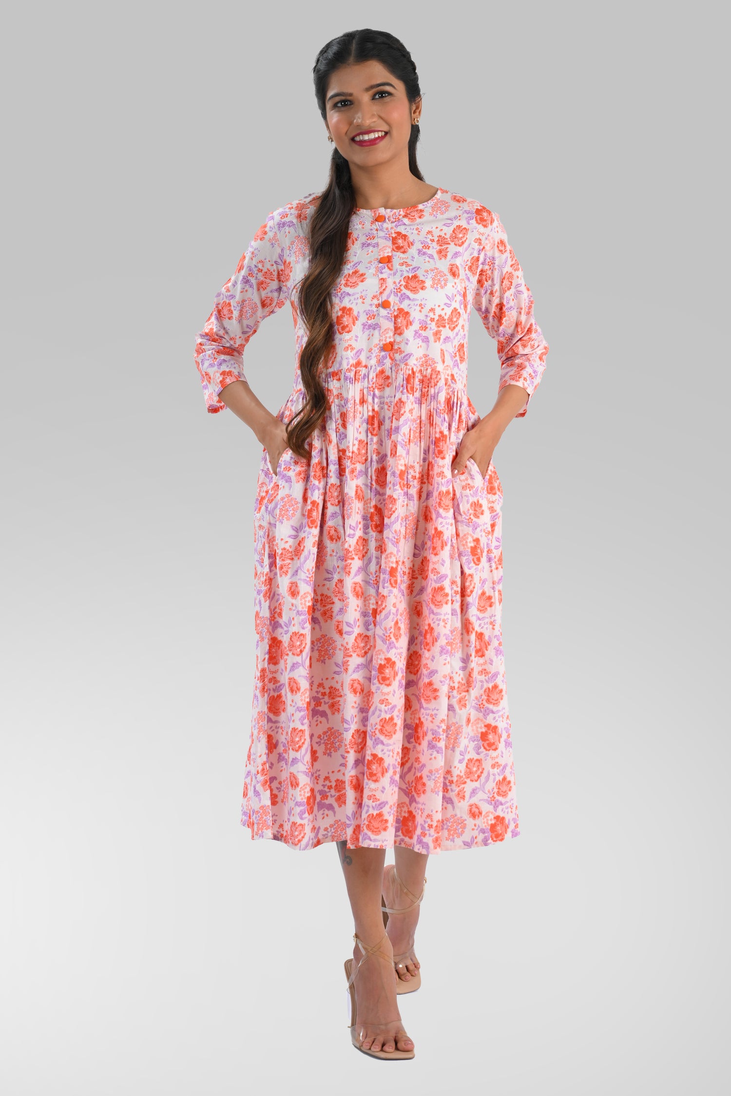 White Cotton Printed Midi Dress