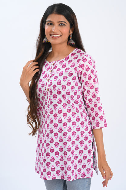 White Cotton Printed Short Kurti
