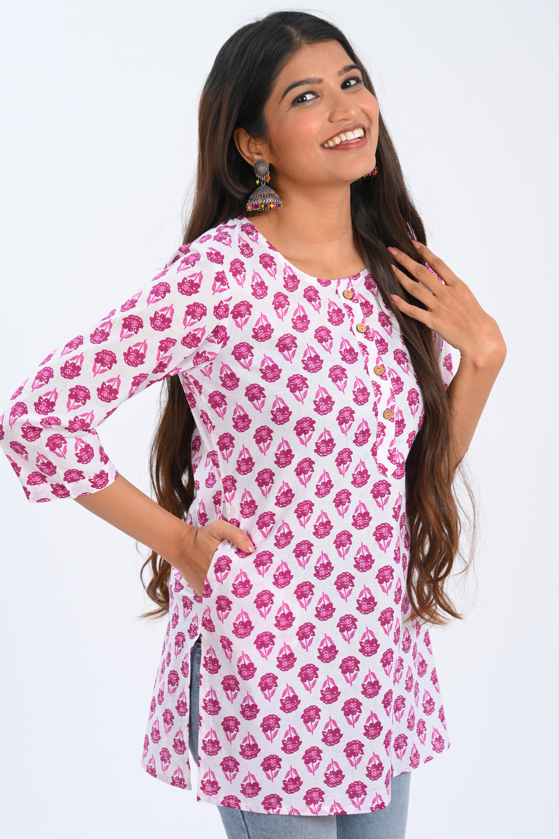 White Cotton Printed Short Kurti