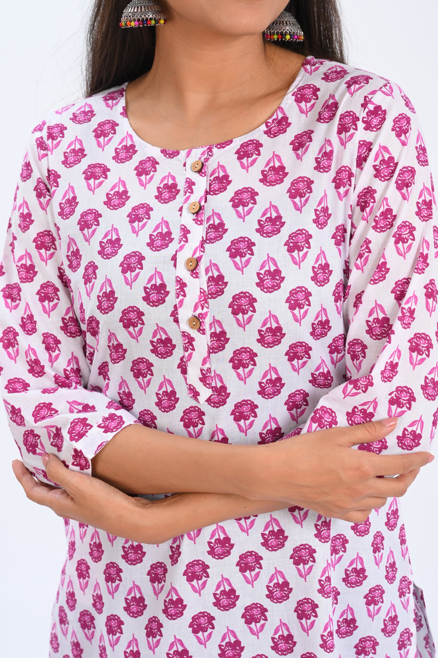 White Cotton Printed Short Kurti