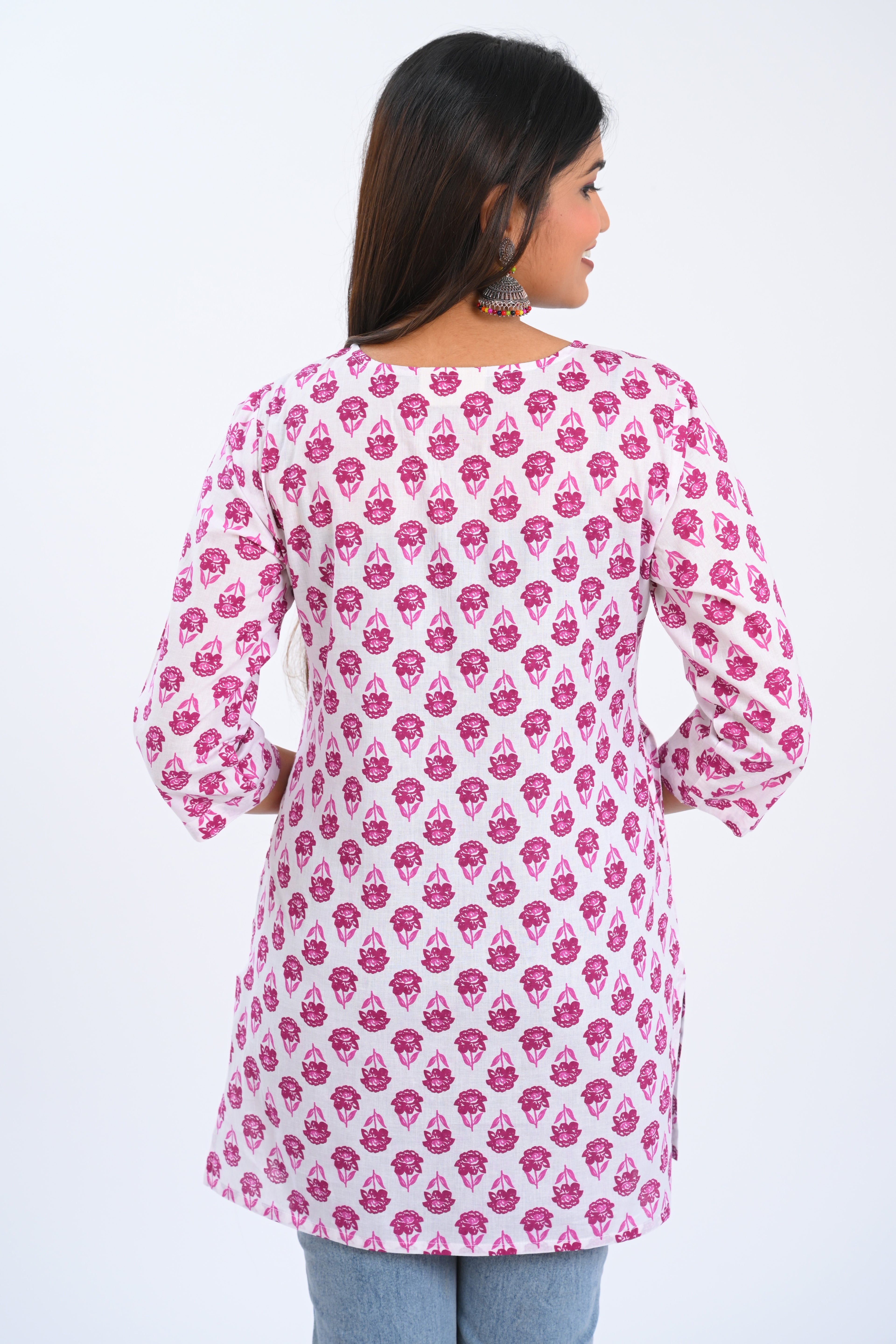 White Cotton Printed Short Kurti