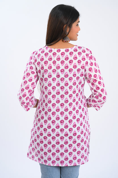White Cotton Printed Short Kurti