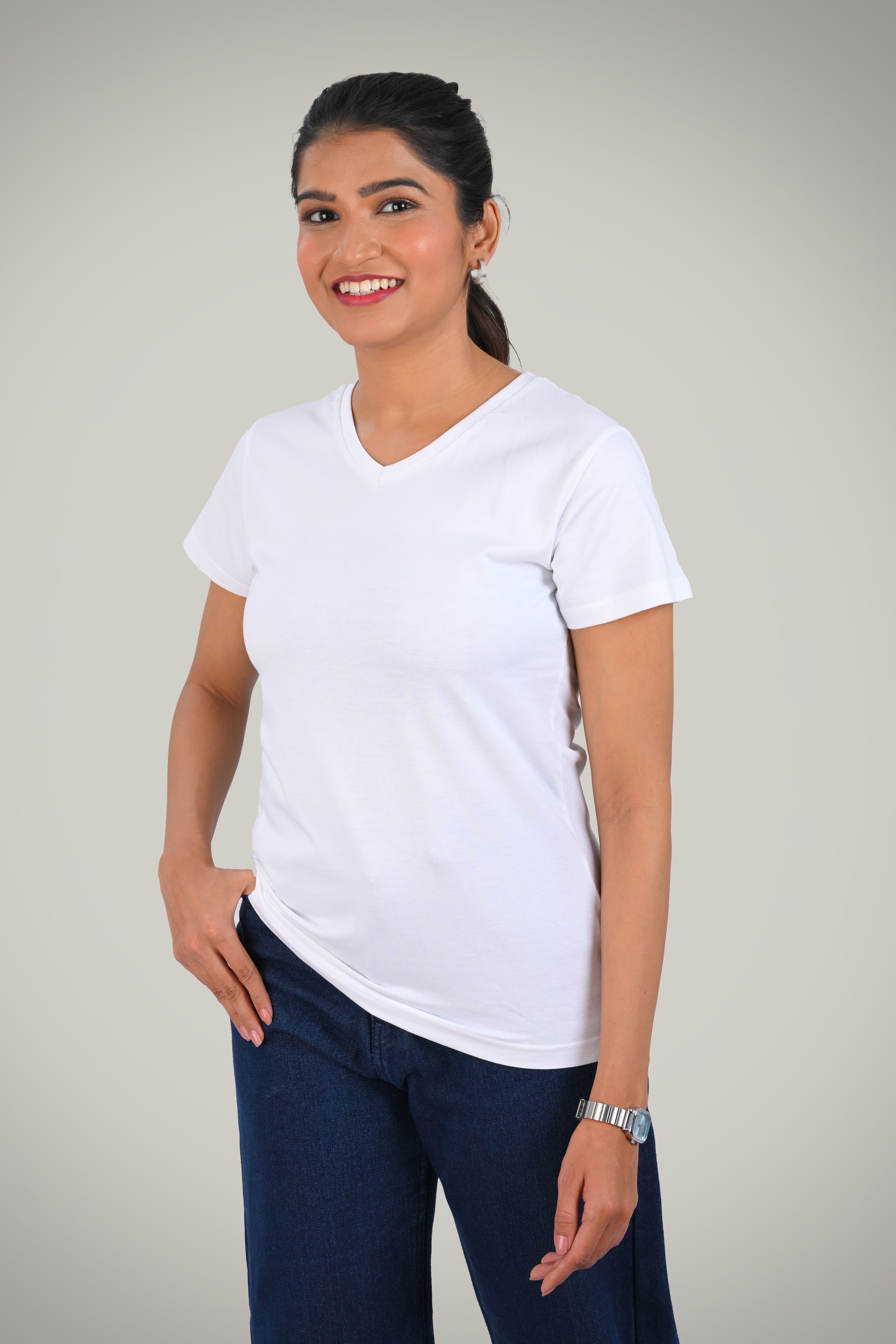 White Cotton V Neck T-Shirt