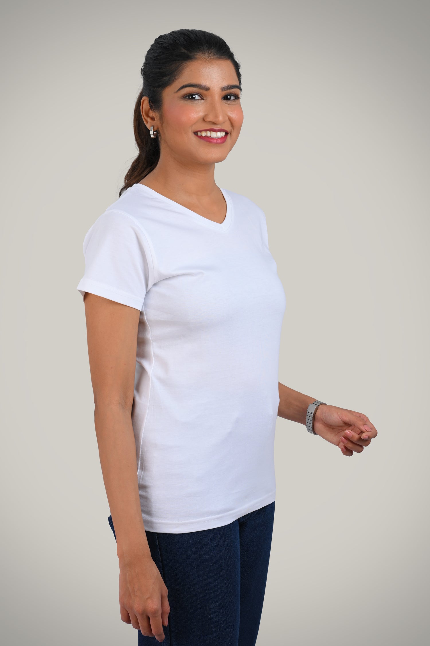 White Cotton V Neck T-Shirt