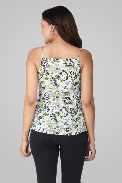 White Floral Cotton Printed Strap Top