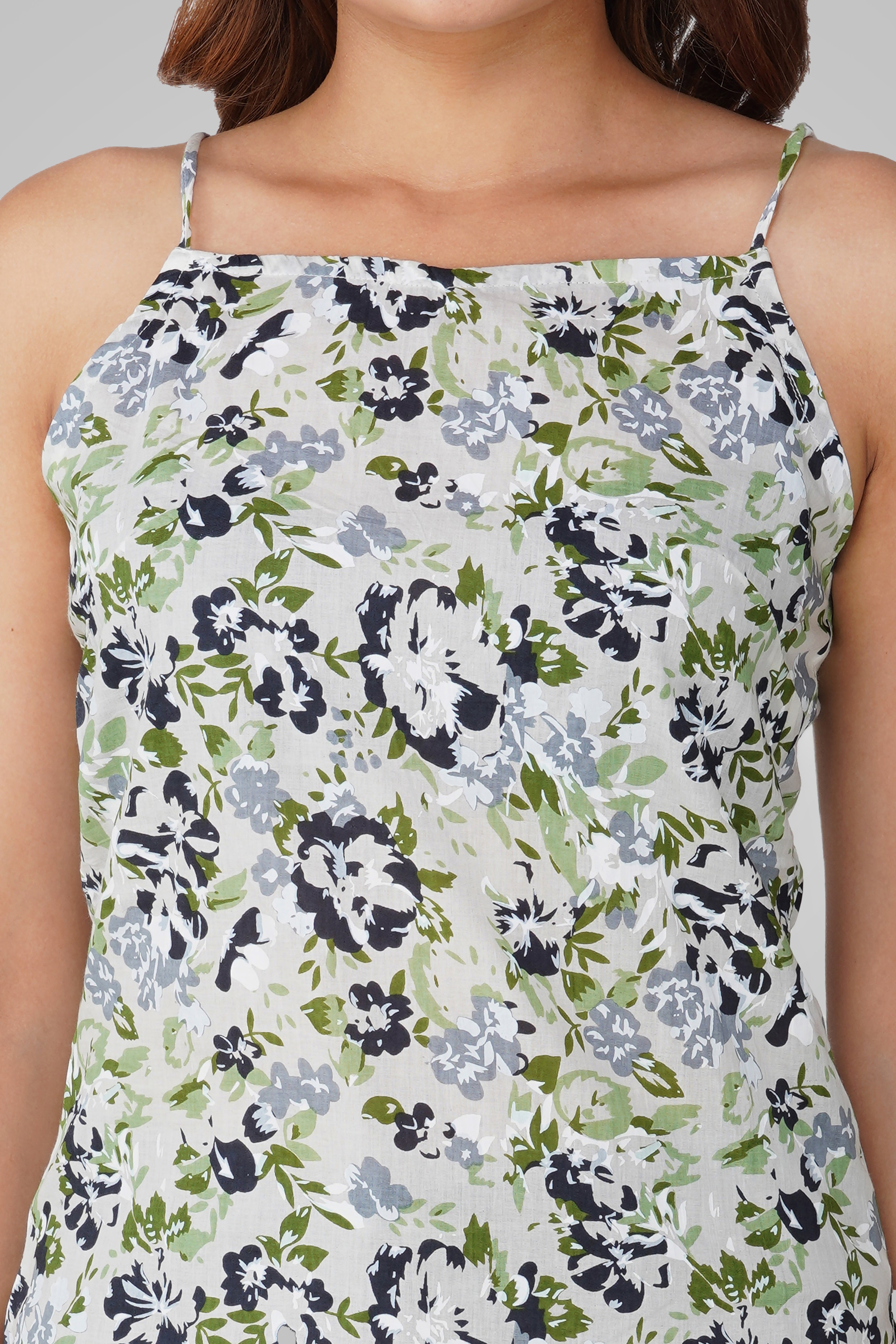 White Floral Cotton Printed Strap Top
