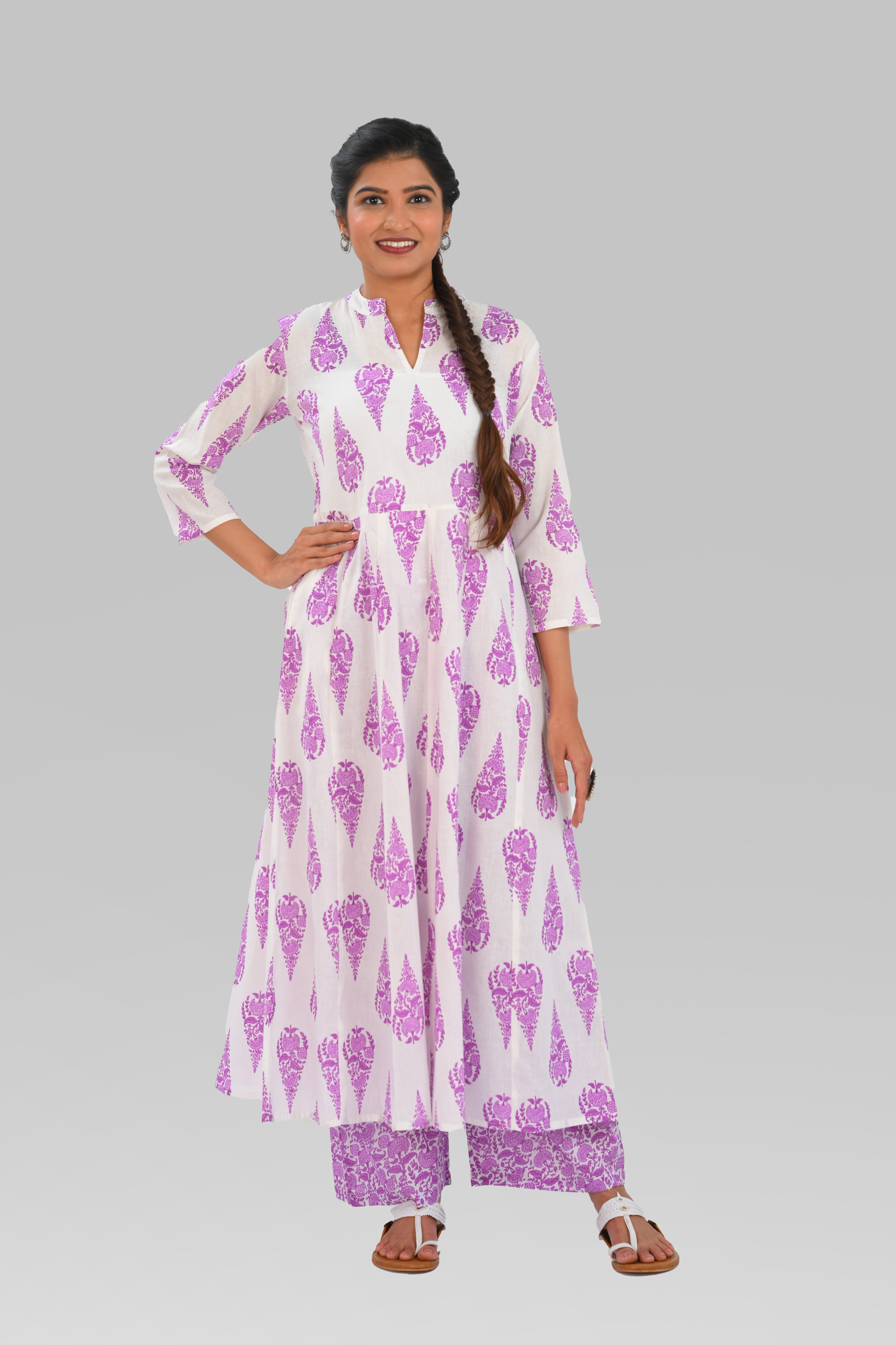 White French Lilac Cotton Printed Kurta Set