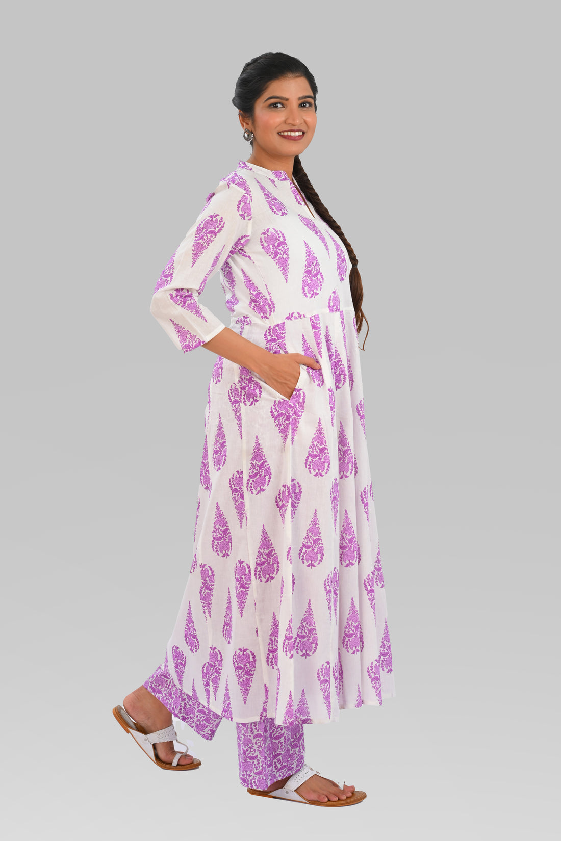 White French Lilac Cotton Printed Kurta Set