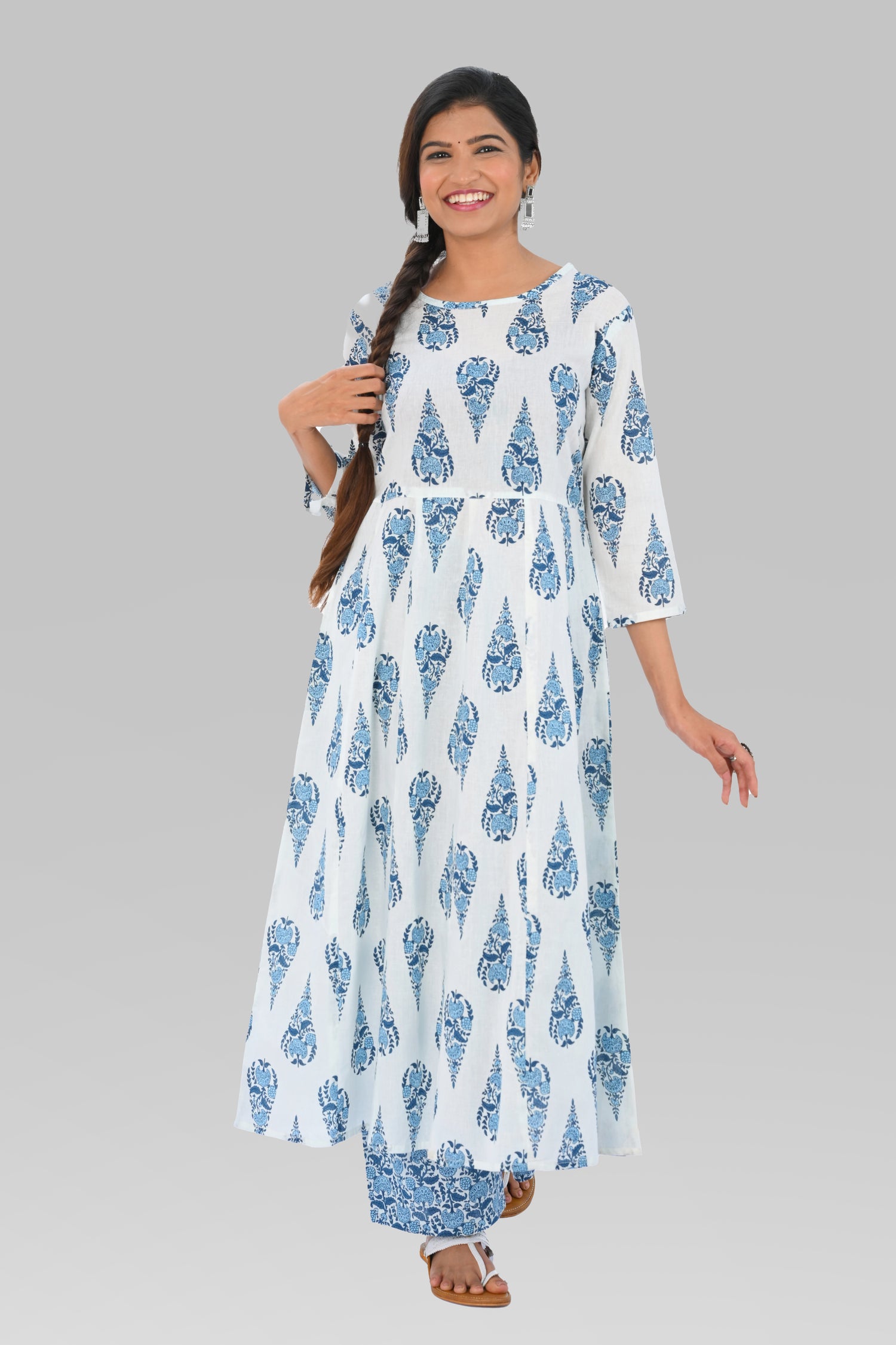 White Indigo Cotton Printed Kurta Set