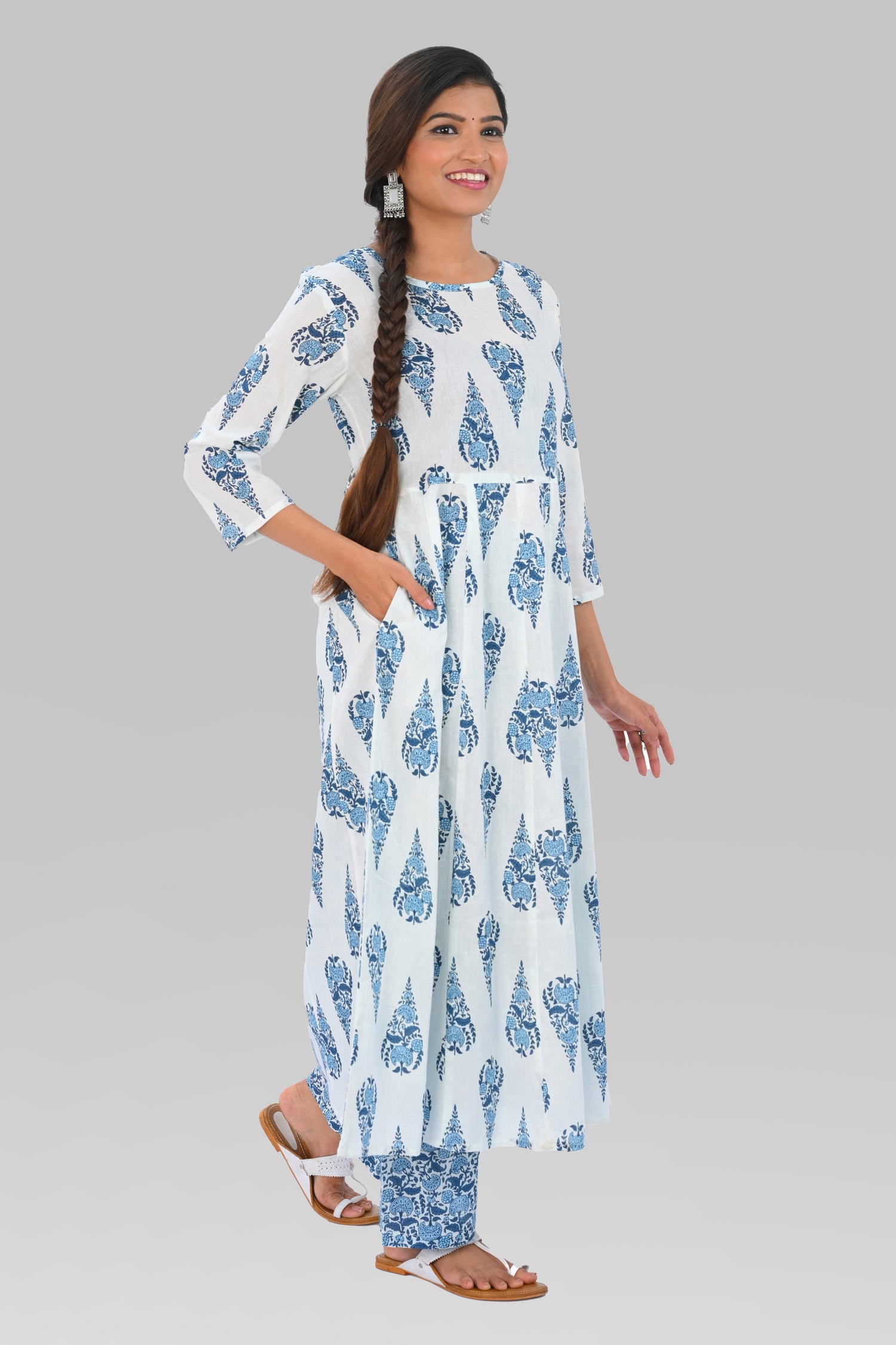 White Indigo Cotton Printed Kurta Set