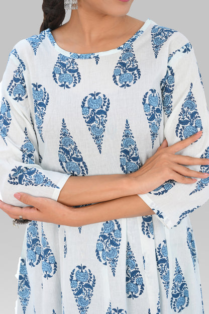 White Indigo Cotton Printed Kurta Set