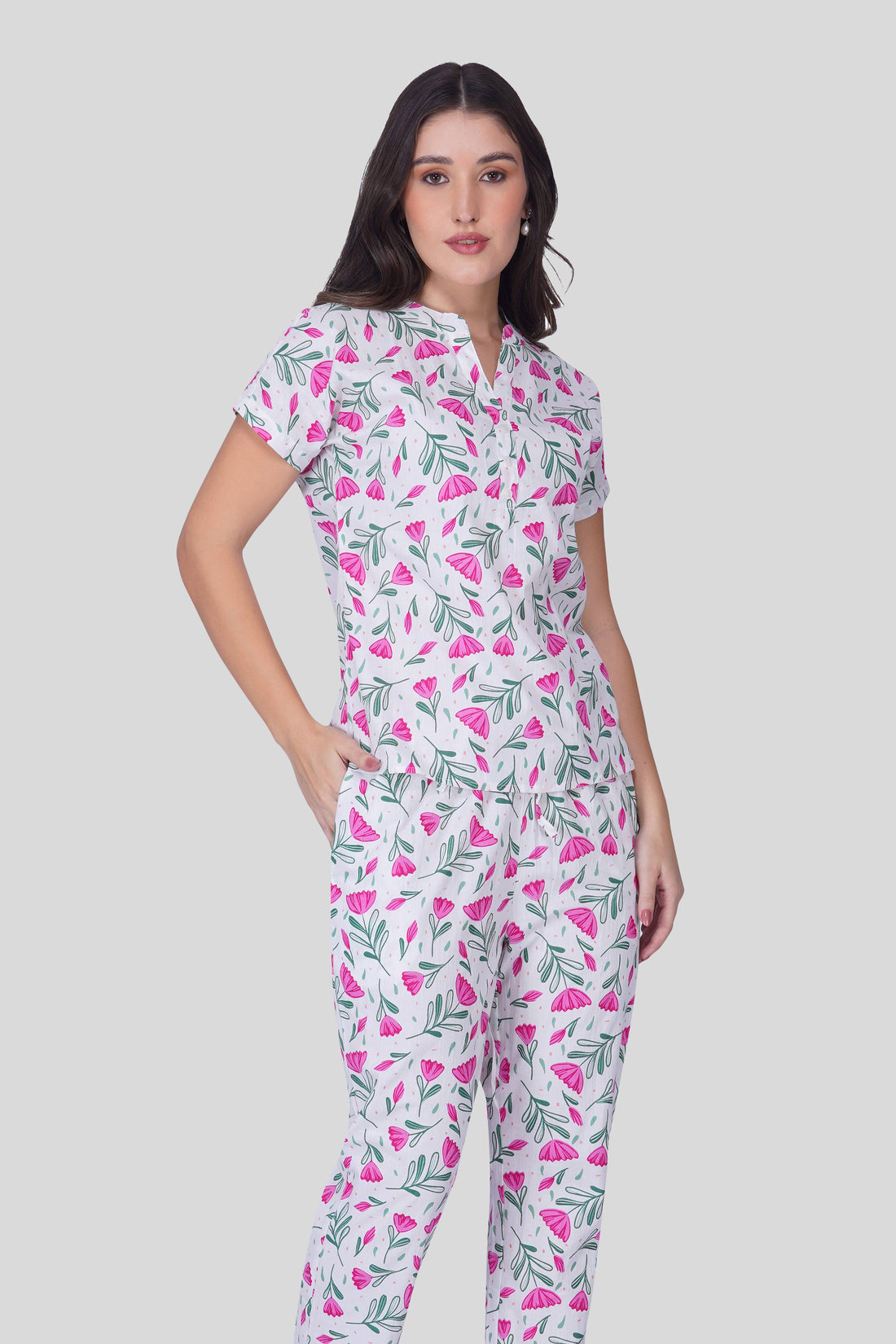 White Notch Collar Cotton Printed Pyjama Set