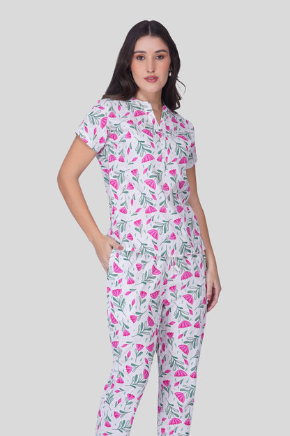 White Notch Collar Cotton Printed Pyjama Set
