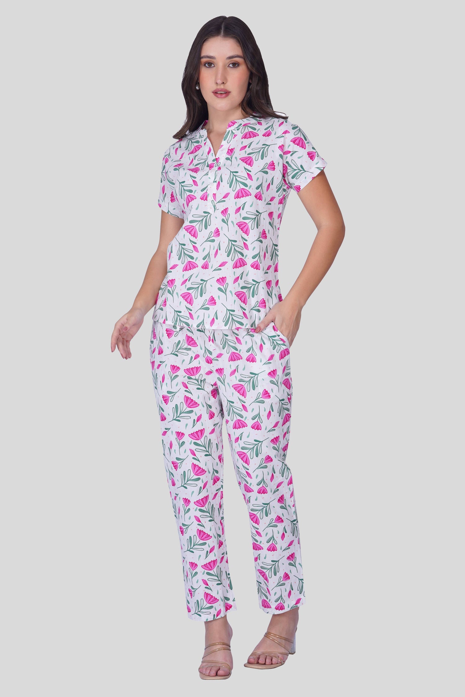 White Notch Collar Cotton Printed Pyjama Set