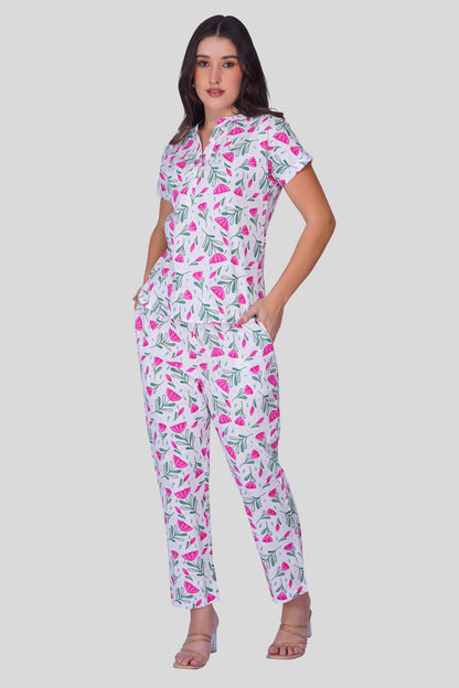 White Notch Collar Cotton Printed Pyjama Set