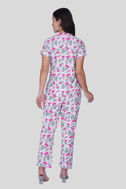 White Notch Collar Cotton Printed Pyjama Set
