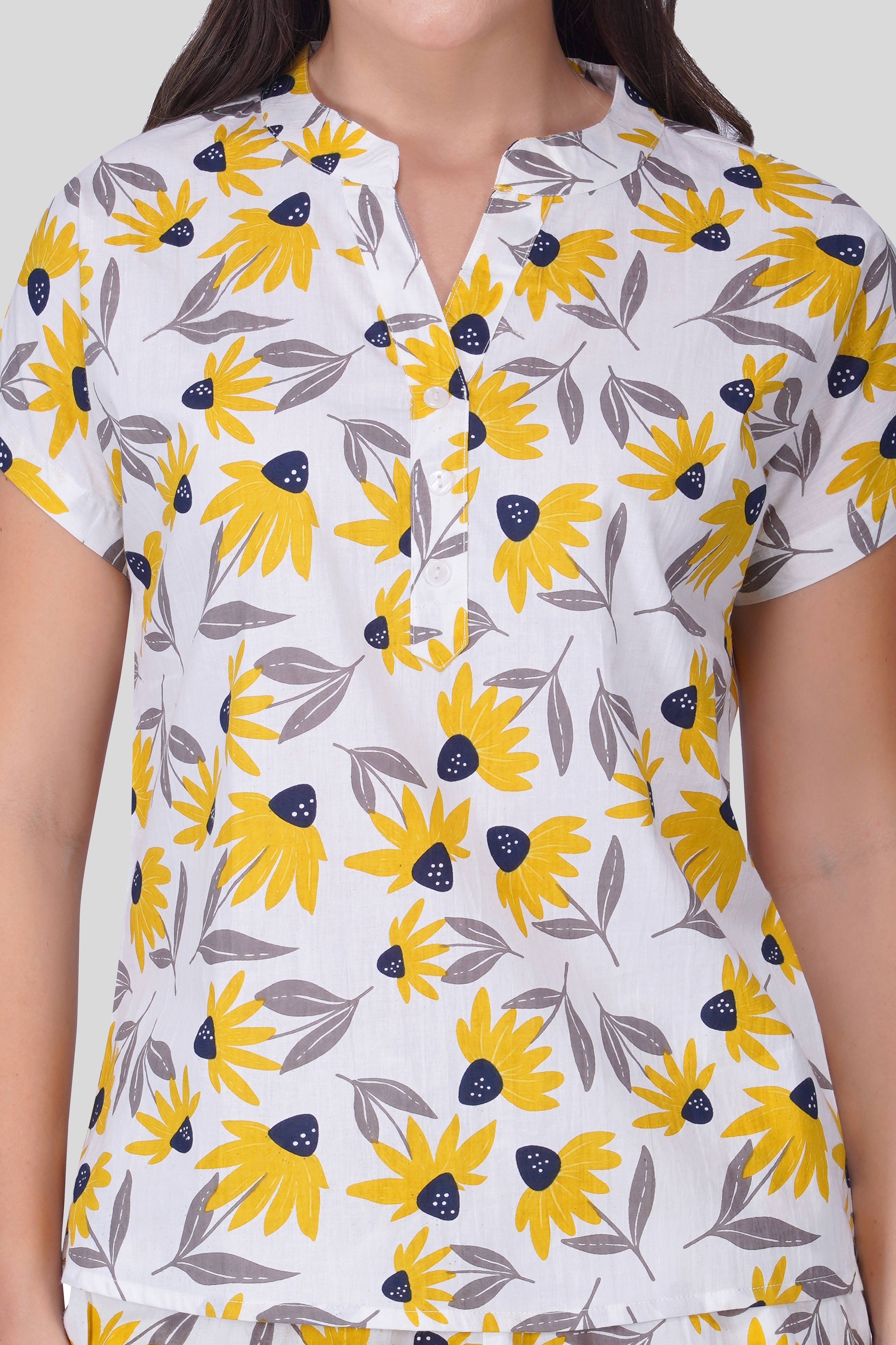 White Notch Collar Cotton Printed Pyjama Set