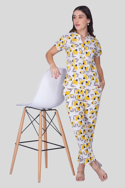 White Notch Collar Cotton Printed Pyjama Set