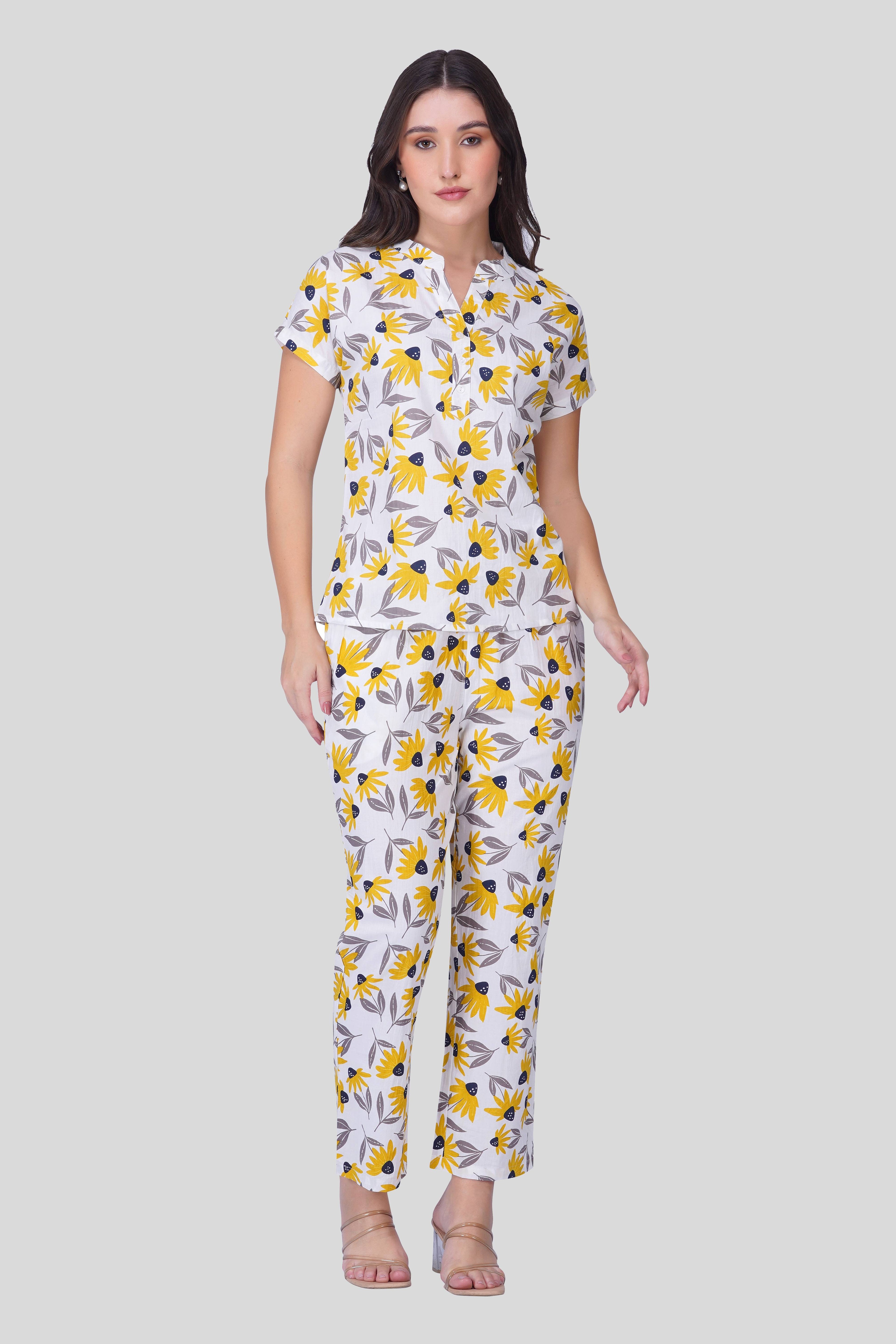 White Notch Collar Cotton Printed Pyjama Set