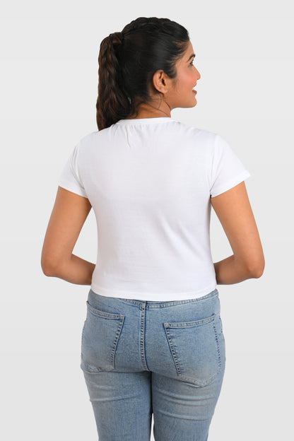 White Cotton Crop Crew Neck T-Shirt