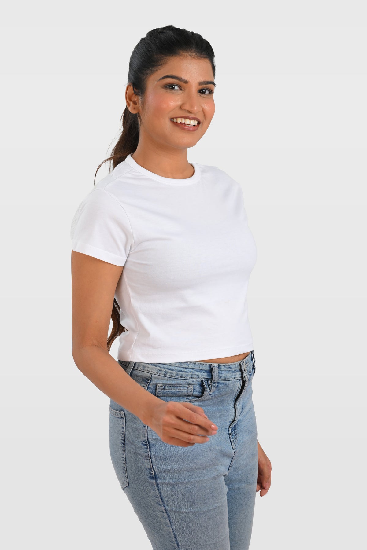 White Cotton Crop Crew Neck T-Shirt