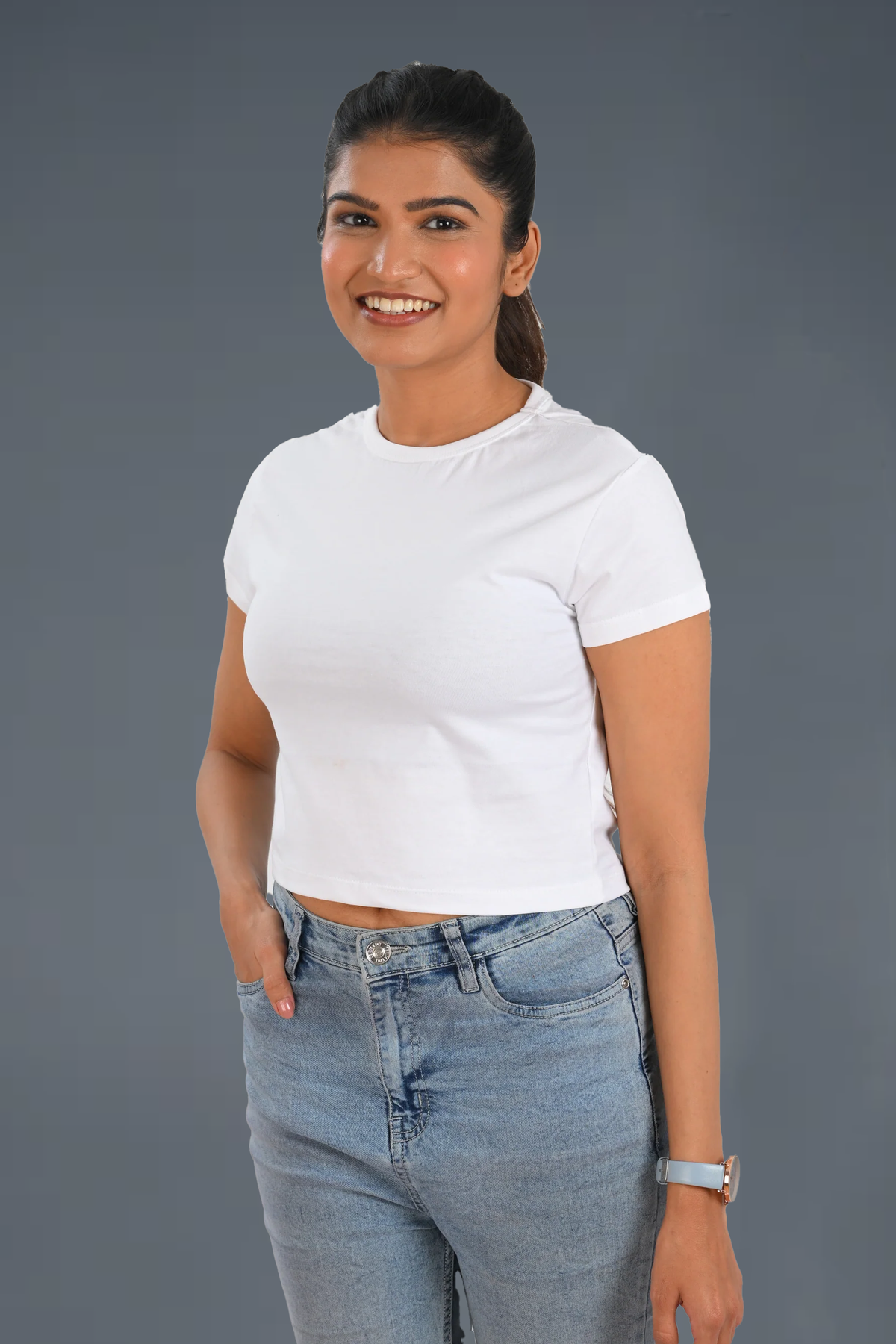 White Cotton Crop Crew Neck T-Shirt