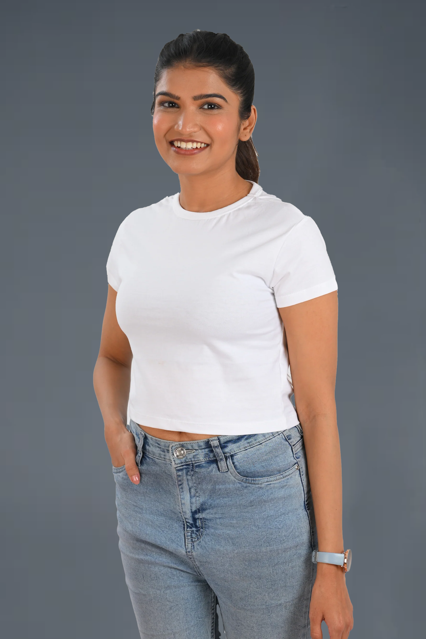White Cotton Crop Crew Neck T-Shirt
