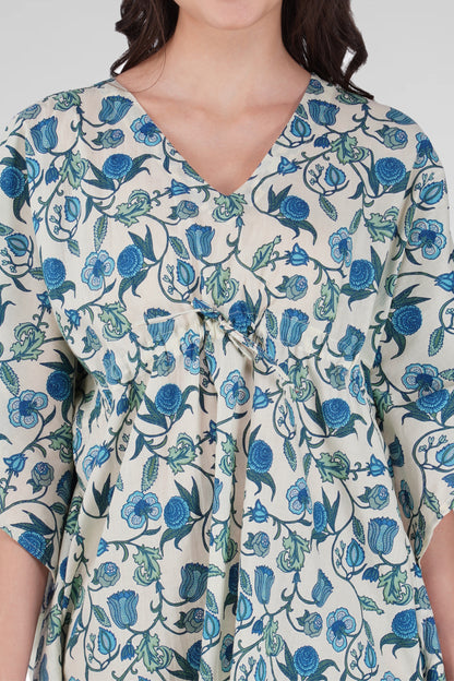 White Cotton Printed Kaftan Top
