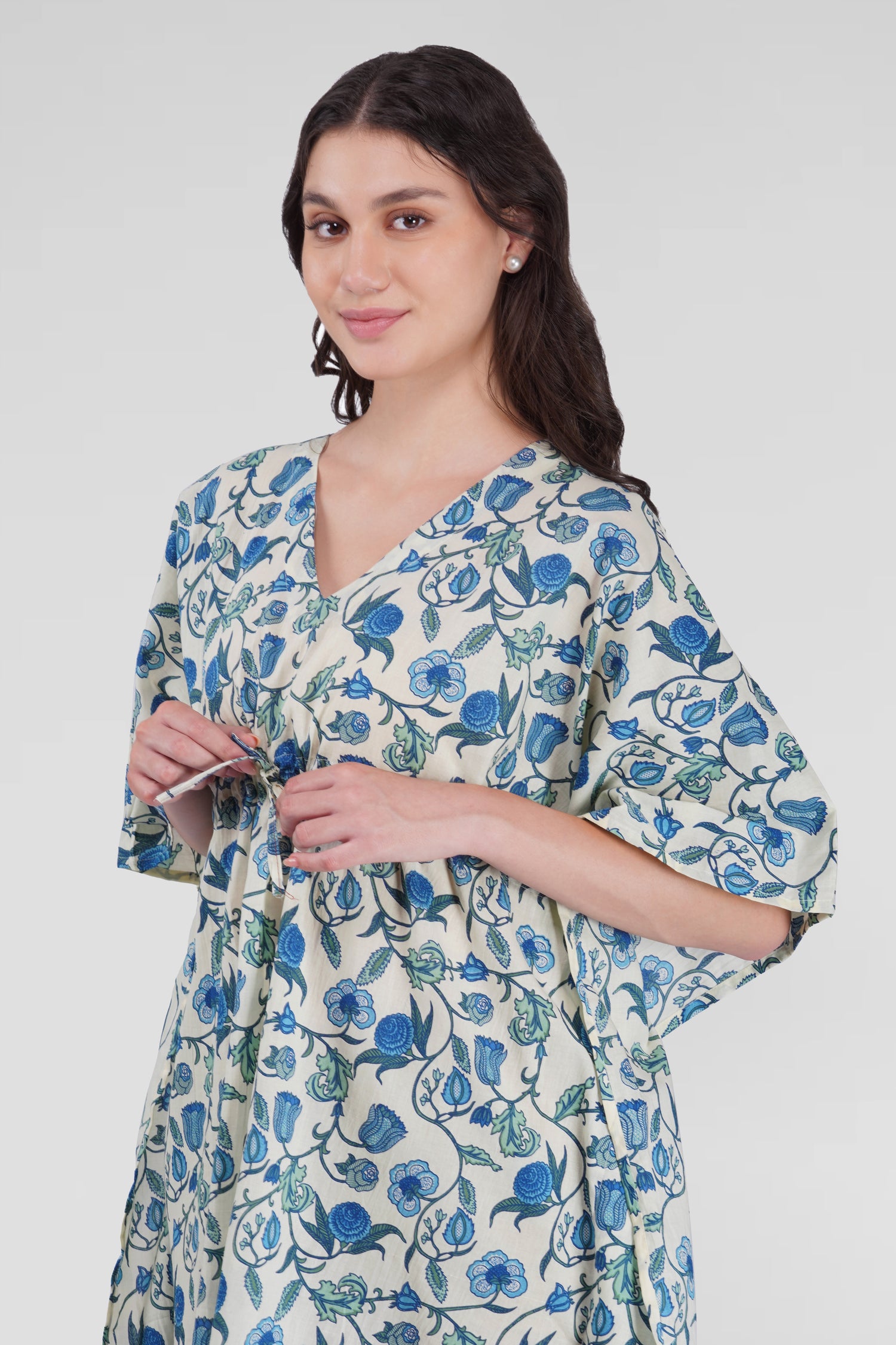 White Cotton Printed Kaftan Top