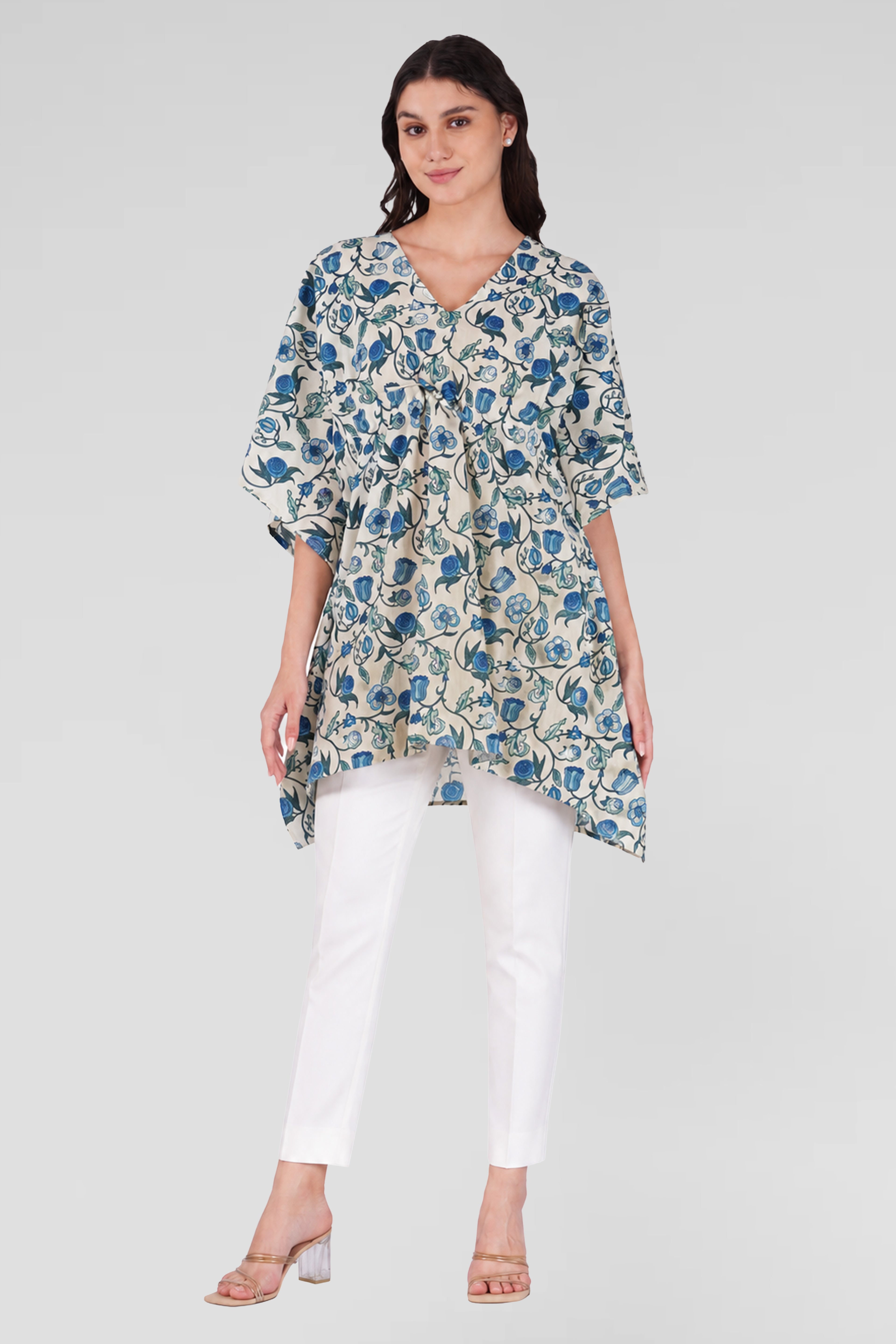 White Cotton Printed Kaftan Top