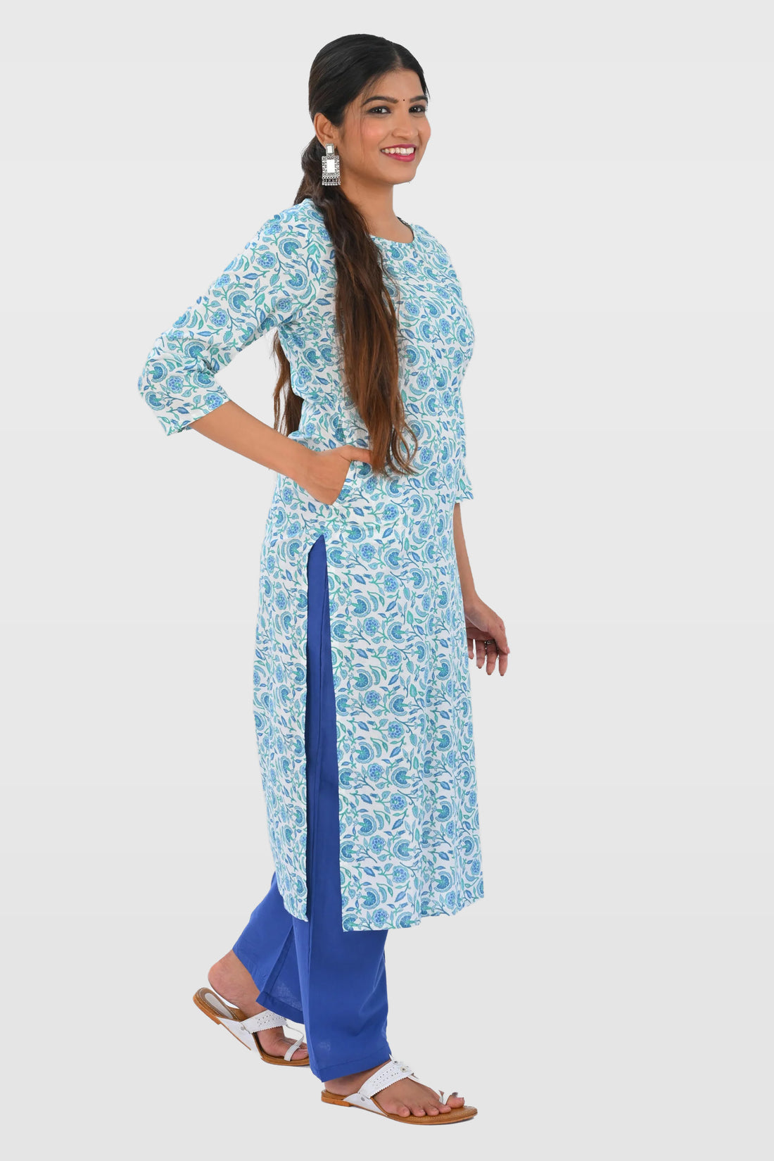 White Cotton Printed Kurta Set