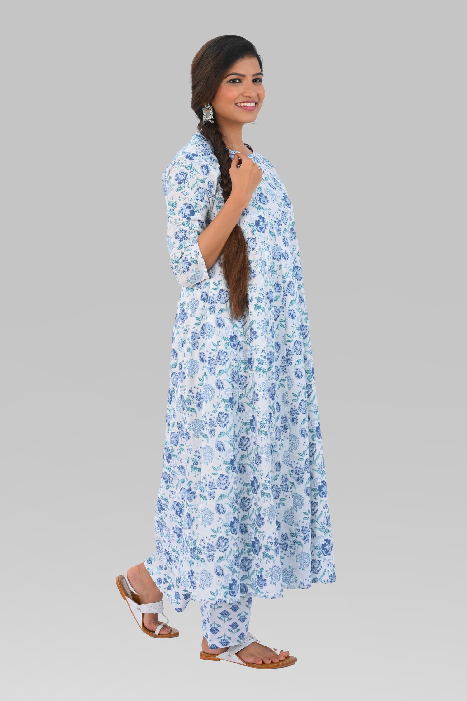 White Cotton Printed Kurta Set