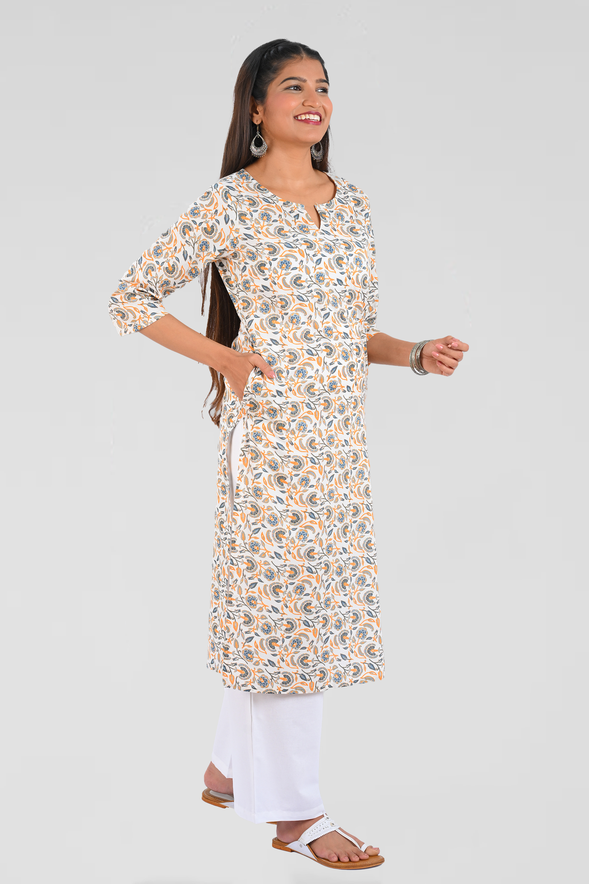 White Cotton Printed Long Kurta