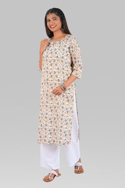 White Cotton Printed Long Kurta