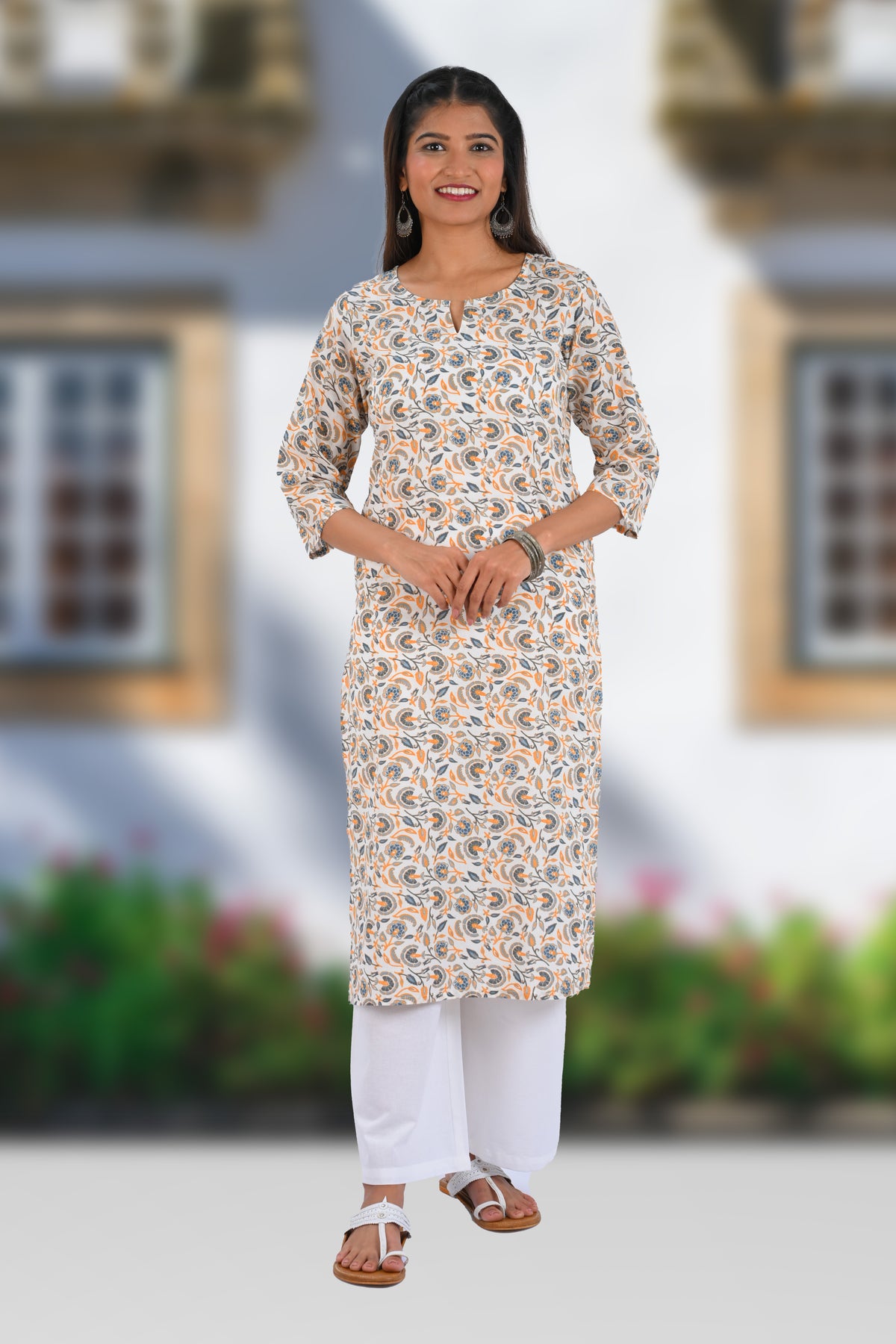 White Cotton Printed Long Kurta