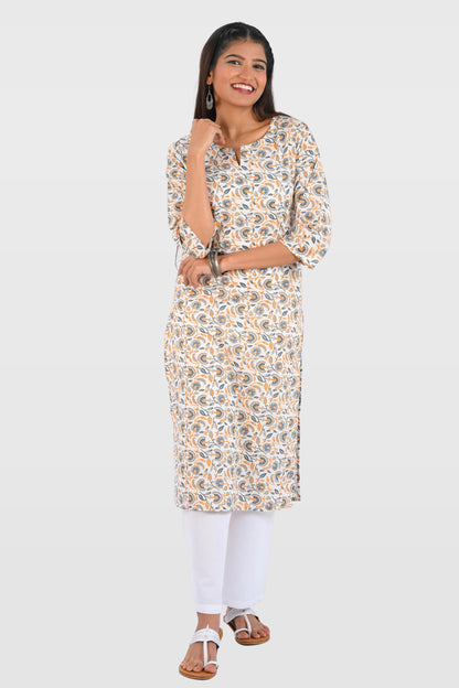 White Cotton Printed Long Kurta