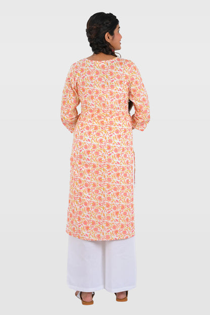 White Cotton Printed Long Kurta