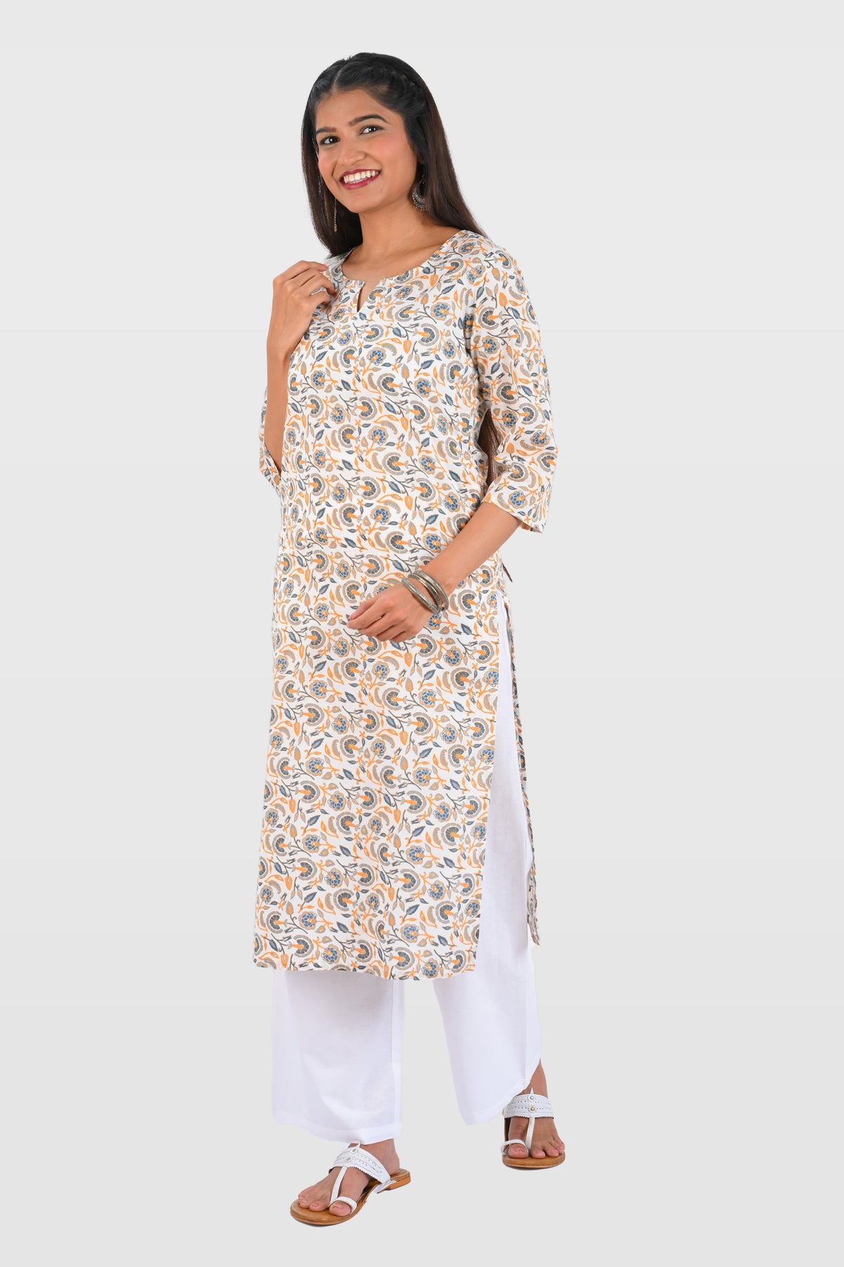 White Cotton Printed Long Kurta