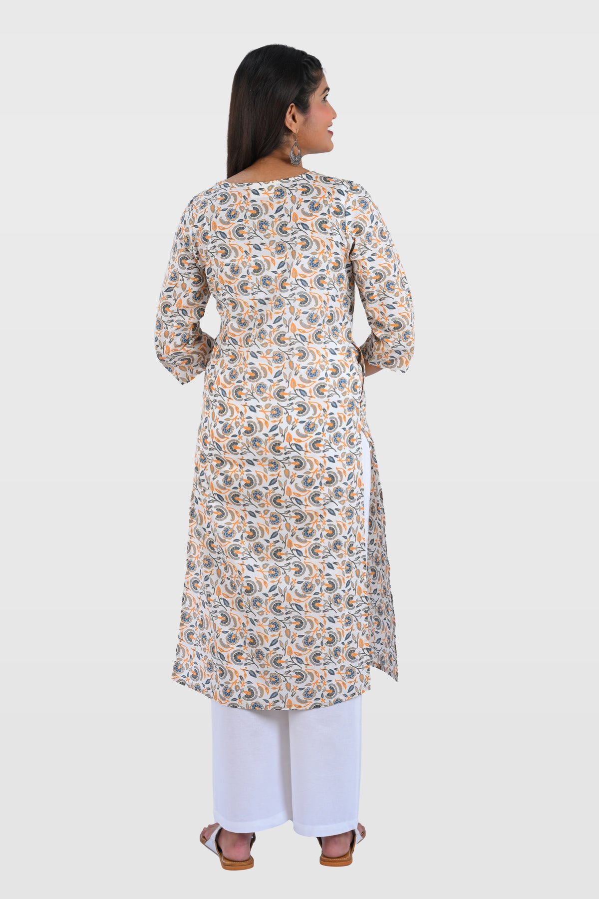 White Cotton Printed Long Kurta
