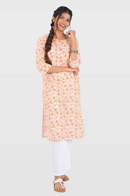 White Cotton Printed Long Kurta