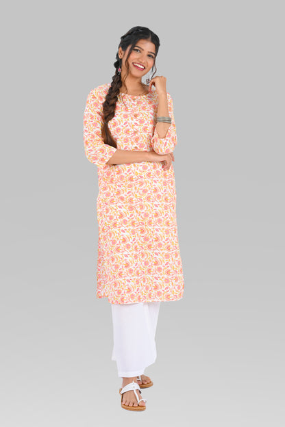 White Cotton Printed Long Kurta