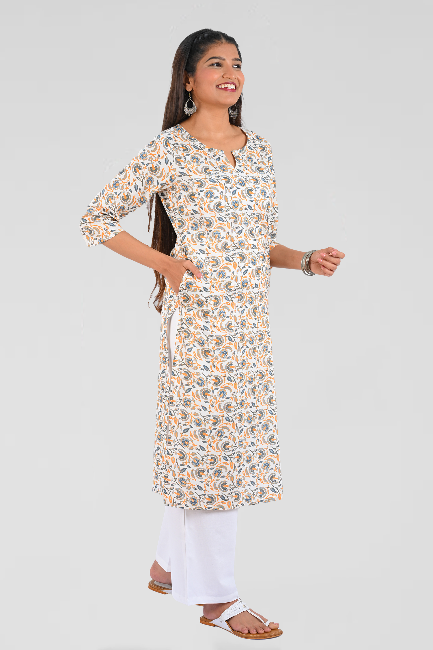 White Cotton Printed Long Kurta
