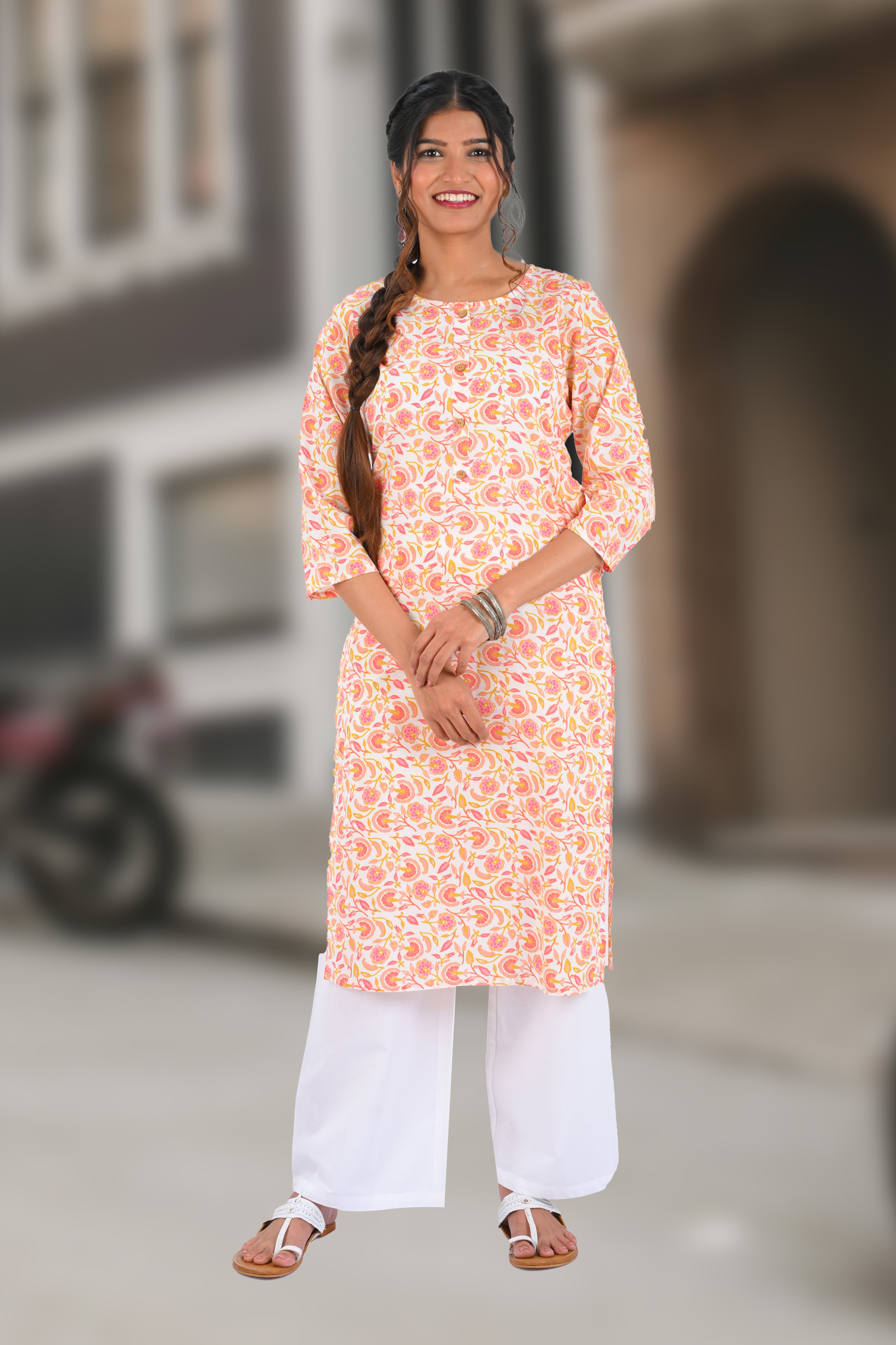 White Cotton Printed Long Kurta