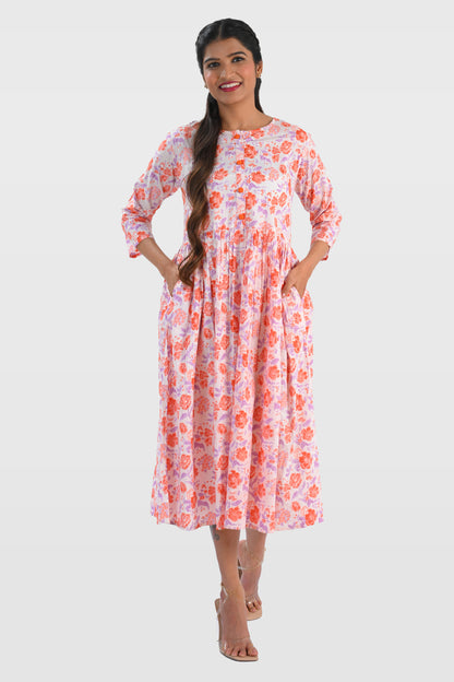 White Cotton Printed Midi Dress
