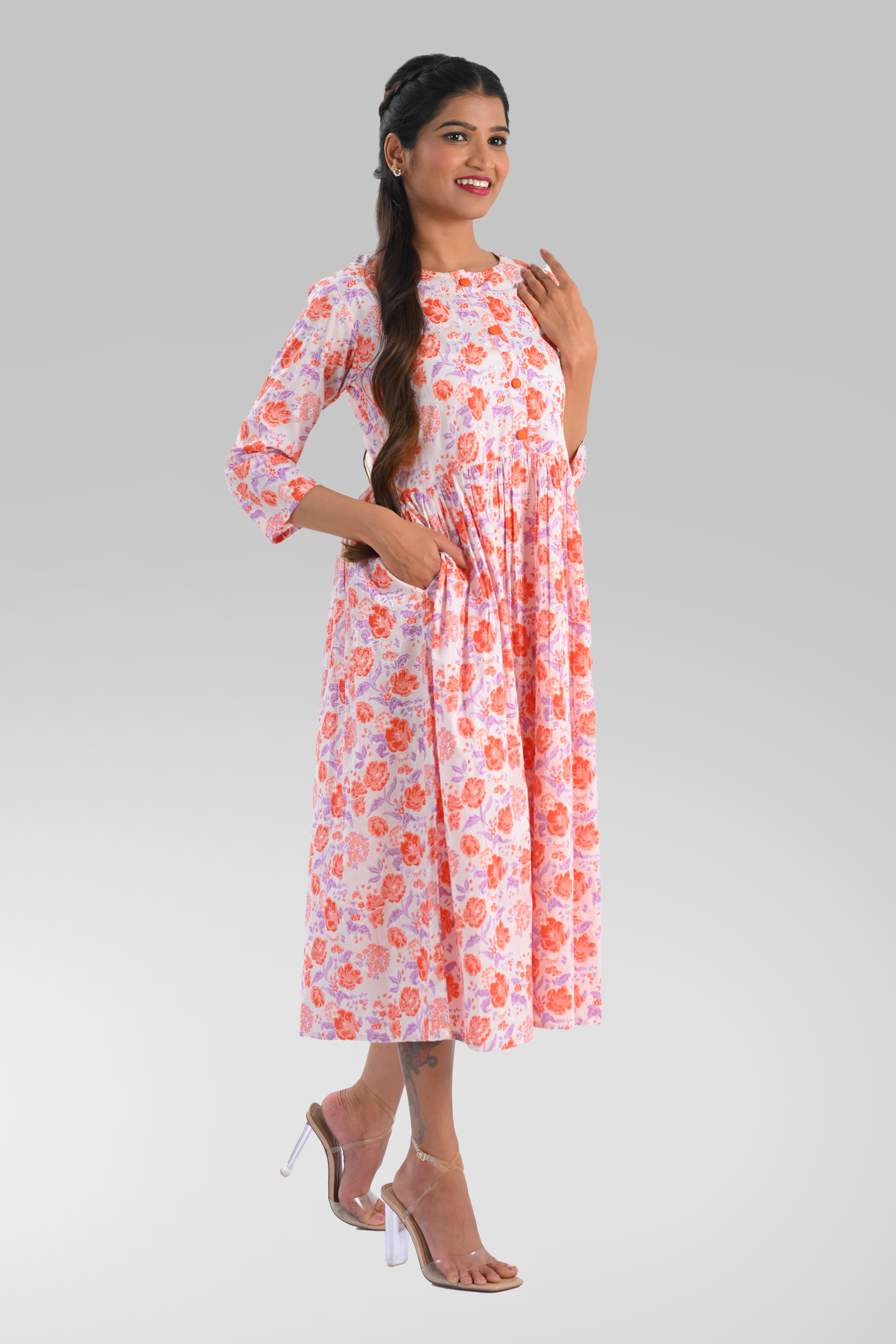 White Cotton Printed Midi Dress