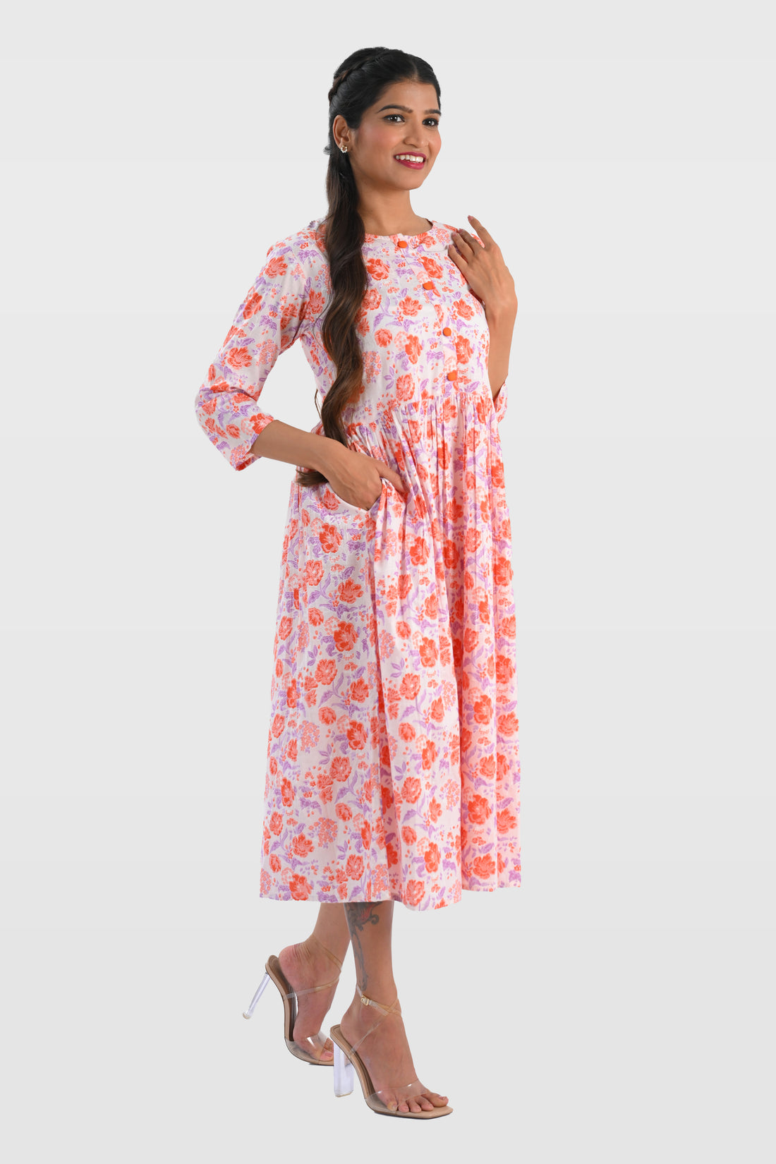 White Cotton Printed Midi Dress
