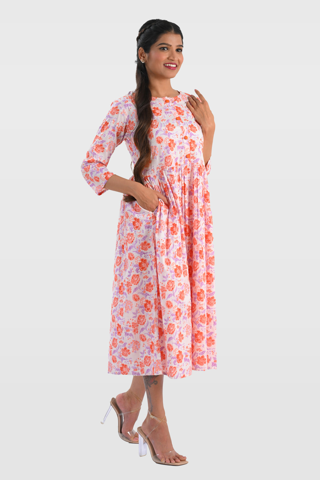 White Cotton Printed Midi Dress
