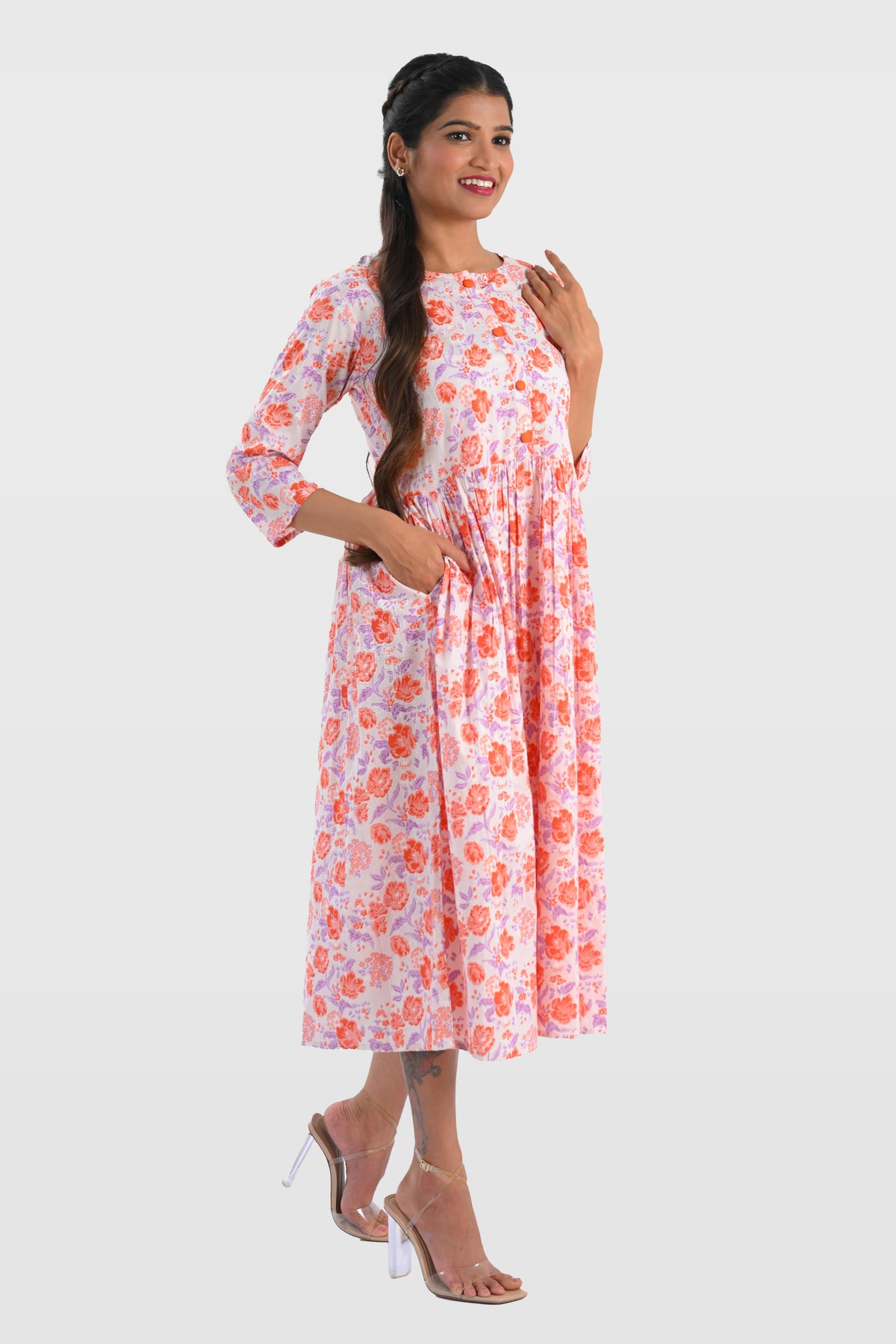 White Cotton Printed Midi Dress